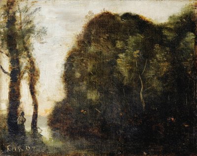 Bomen bij zonsondergang door Jean Baptiste Camille Corot